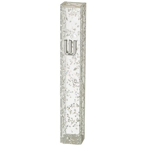 Perspex Mezuzah Case Glitter Design Embossed Silver Shin White